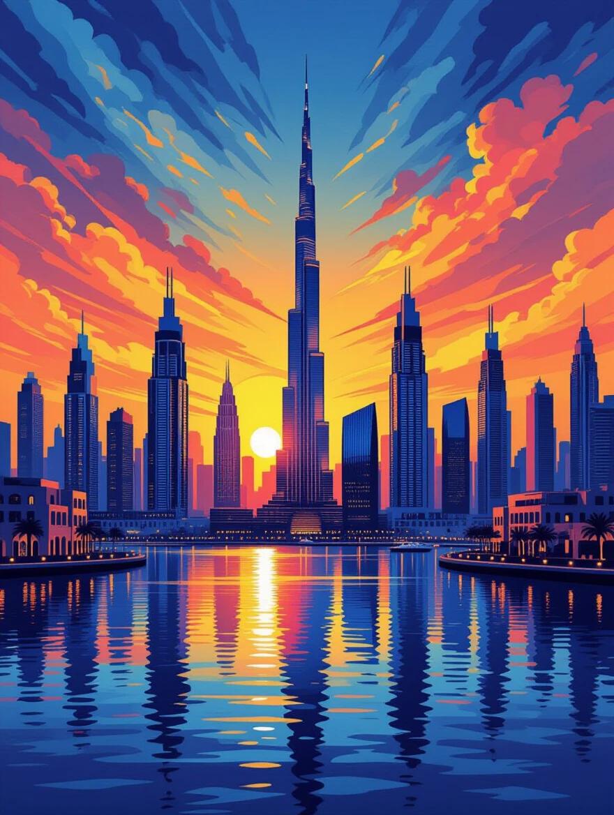 An artistic fusion of water and sky elements with silhouettes of iconic Dubai Marina buildings. Bold Pop Art style. Bright and vibrant colors enhance dynamism and unique energy of the area.