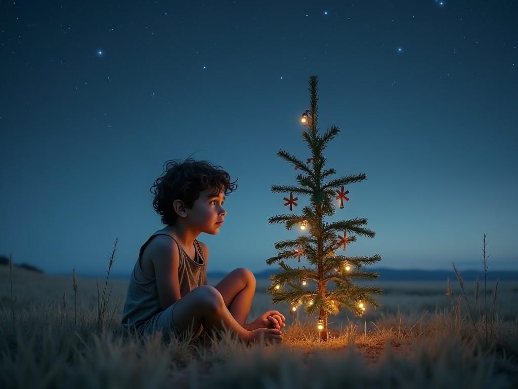 Create a photo-realistic image of a poor, barefoot boy sitting beside a small, scraggly Christmas tree in a wide, open field under a starry night sky. The boy is around eight years old with tousled hair and wearing tattered clothes. His expression reflects a mix of wonder and longing, capturing the essence of innocence. The tree is sparse, with a few makeshift decorations and glows faintly with warm, soft lights. The scene features a deep indigo and violet sky, contrasting against the earthy tones of the boy. Use soft, diffused lighting to create a gentle, dreamlike atmosphere, emphasizing the textures of the grass and the boy's skin. The overall mood should evoke poignant innocence and yearning.