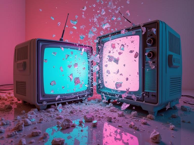 Pastel tube televisions appear broken with an explosion of glass. Shattered pieces scatter everywhere. Bright colors create a vivid atmosphere. Tokyo style and 90s aesthetic incorporated.