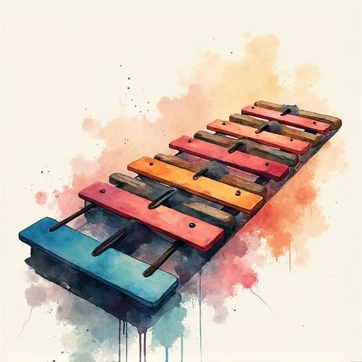 Album cover featuring a watercolor illustration of a xylophone. Colors include red orange yellow blue and brown. Background has splashes of color for effect. Xylophone positioned at an angle for depth.