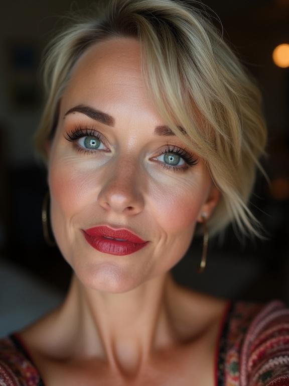 Selfie of a mature woman with short hair and a large nose. She has lipstick on and makeup applied. The photo is taken from above, showing her pouty lips and upper body.