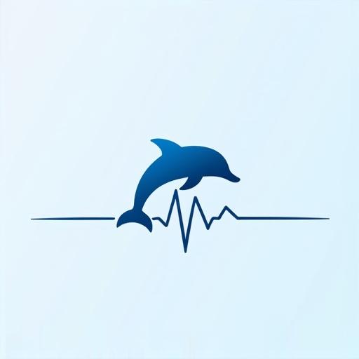Abstract logo design displaying a dolphin's tail merging with an EKG line. Incorporate a hint of a wave using negative space. Use deep blue and white colors. Sleek modern design conveying vitality and connection to the ocean. Highly scalable.