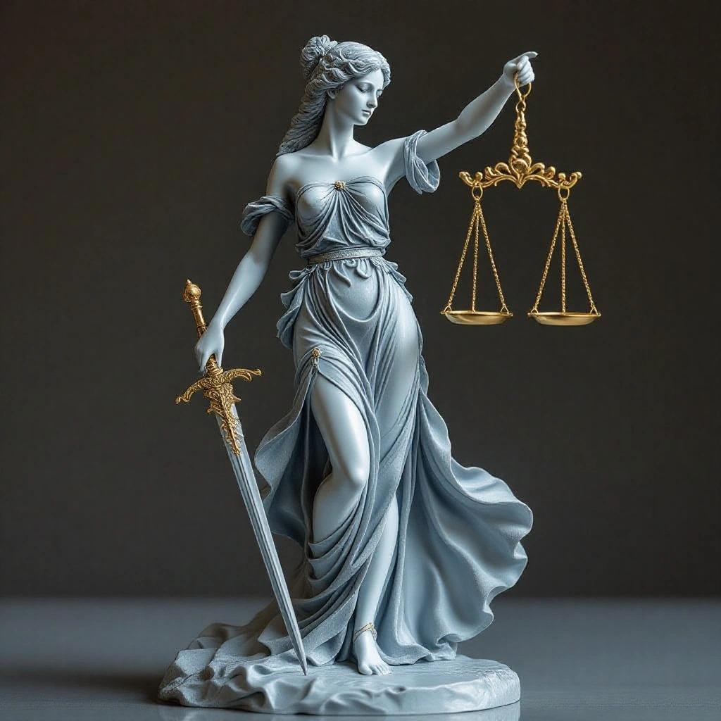 A hyper-stylized resin figure inspired by Libra. An ethereal goddess of justice with great beauty. Standing on one leg with a serene expression. Long flowing dress with a breeze effect. Holds an ornate scale and decorative sword. In cool, silvery tones. Represents balance and grace.