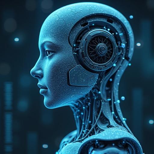 An interconnected robotic structure in blue light. It symbolizes advanced artificial intelligence. The design is intricate, showing gears and circuits. Creates a futuristic atmosphere.