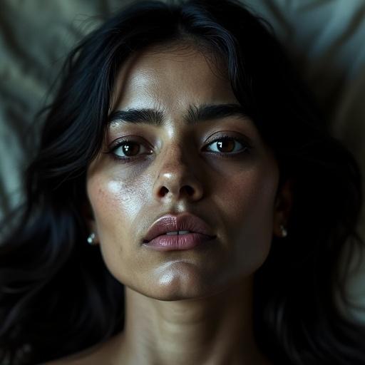 Close-up portrait of a woman with dark brown eyes and black hair. She has full lips and thick eyebrows. The woman has dark skin and a serious expression. Her eyes are open and lips are closed. Soft lighting enhances her features.