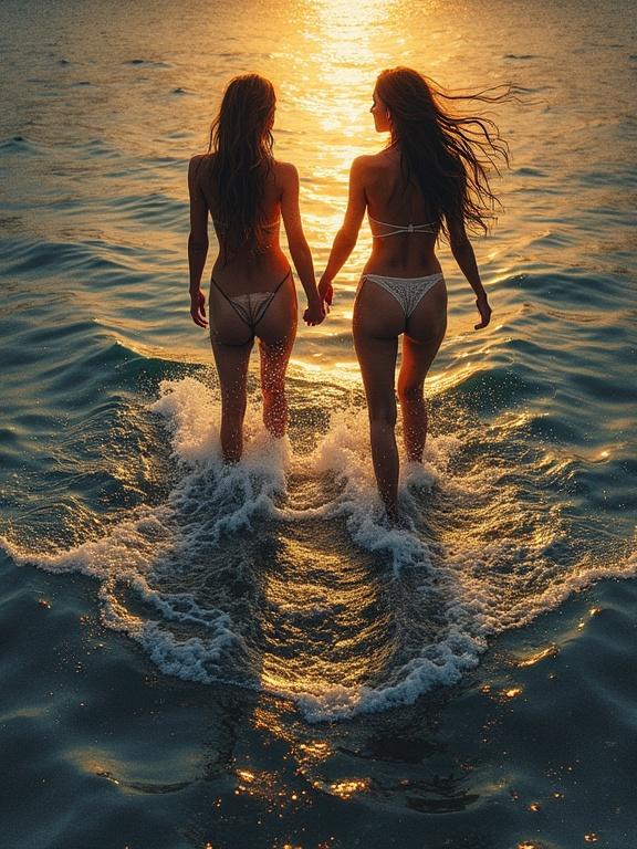 Silhouetted female figures walk hand in hand into the water under a golden sunset. The scene captures a warm, tranquil atmosphere, with waves lapping at their feet. The overall tone is soft and inviting, highlighting the beauty of connection and nature.