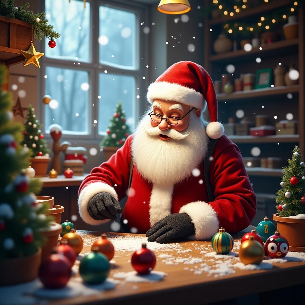 The image depicts Father Christmas, joyfully crafting colorful baubles in a cozy workshop filled with Christmas decorations. Snow gently falls outside the window, enhancing the festive vibe. Santa is wearing his classic red suit and glasses, deeply focused on his work. Wooden shelves filled with miniature Christmas trees and ornaments surround him, adding to the charming scene. The atmosphere is warm and inviting, embodying the spirit of the holiday season.