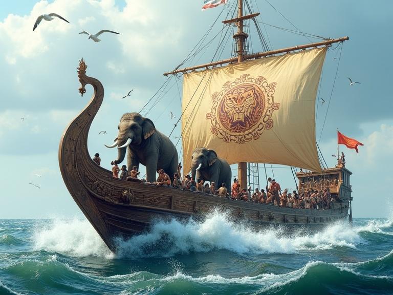 Majestic wooden ship from 3rd century South India sails through turbulent sea. Tiger flag flies on mast. Intricate carvings adorn the ship. Crew interacts with two elephants on deck. One elephant crouches; another surveys horizon. Lookout waves animatedly. Seagulls glide overhead.