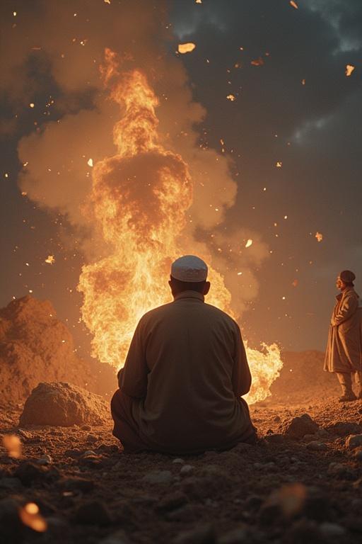 A man sitting in front of a large fire against a dark sky. Another person standing in the distance. The scene reflects themes of spirituality and meditation in a cultural context.