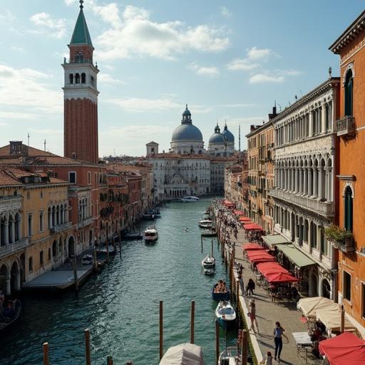 High view of Venice showing canal. Historic buildings line the waterway. Boat activity visible. Clear blue sky.