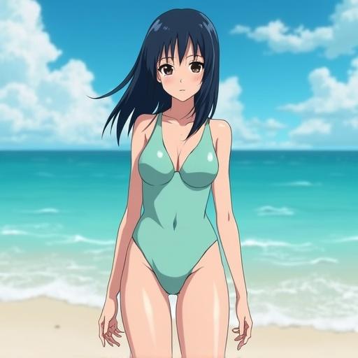 Anime female character inspired by Sasuke from Naruto series. She stands on the beach wearing a light purple swimsuit. Her hair is mid-length and straight. The character has black eyes and a proud expression. This is a close-up view focusing on her upper body.