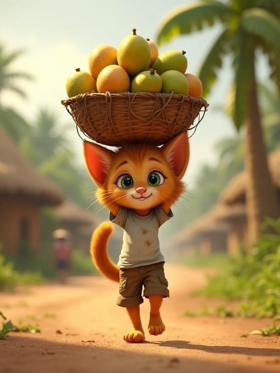 3D animated scene featuring a determined ginger kitten. Kitten wears a torn shirt and shorts. Kitten walks on a dirt road with a big basket of mangoes on its head. Background shows mango trees and village huts. The scene is sunny with a slightly overcast sky. It's designed in a vertical video format.