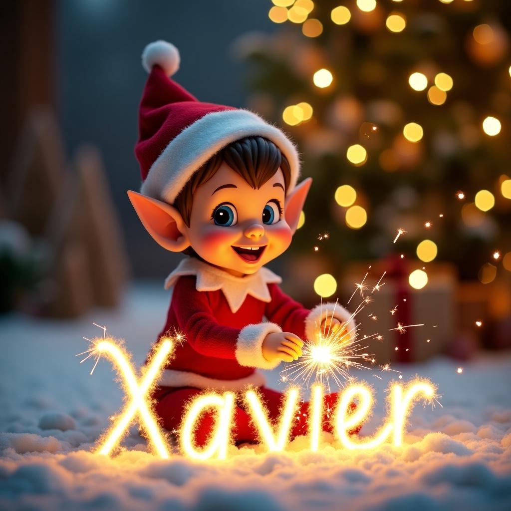 Image of a Christmas elf joyfully creating a glowing name with a sparkler. Cozy background with decorated Christmas tree and snow. Elf wears a red outfit and has a cheerful expression. Magical winter atmosphere with dancing lights.