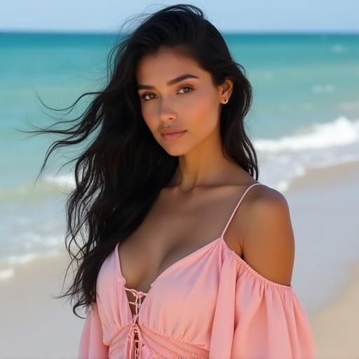 Photo features a young woman in a pastel pink off-shoulder dress. She has black wavy hair and bright skin. The background shows a sunny beach and ocean waves.