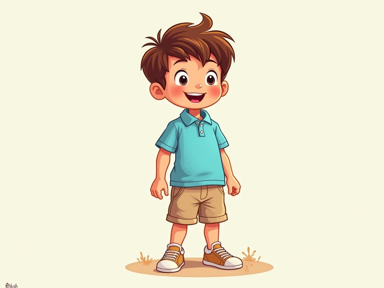 A kid is standing with a cheerful expression. He is wearing a baby-blue polo t-shirt and khaki shorts. His outfit is completed with matching khaki sneakers. The scene is stylized as a cartoon, while still maintaining recognizable features of a young child. The background includes playful elements, giving it a friendly and vibrant atmosphere.