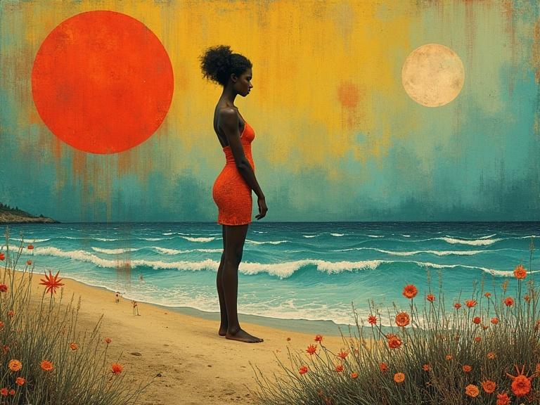 Nude woman standing on beach. Bright colors dominate the canvas. Art brut style influences seen throughout. Two large suns in background. Surrounding flora is intricate. A sense of wonder and surrealism in the image.