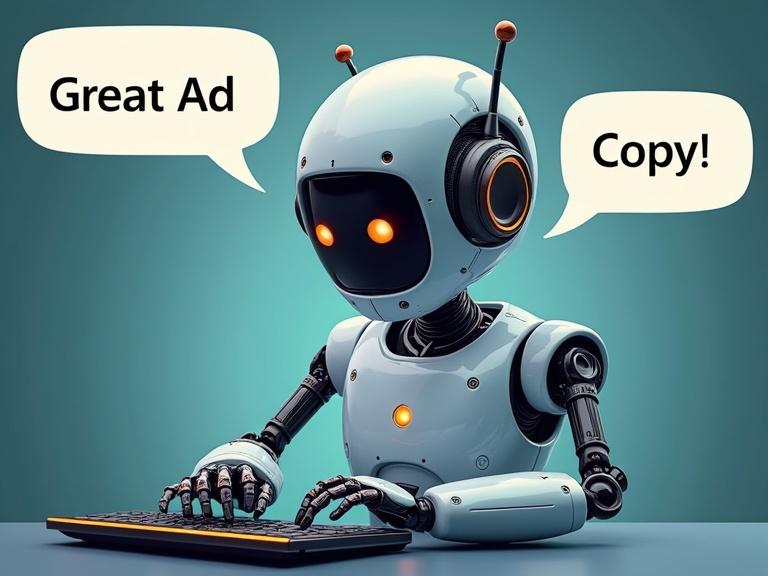 Robot typing on a keyboard. Speech bubble shows Great Ad Copy. Another speech bubble contains Copy.