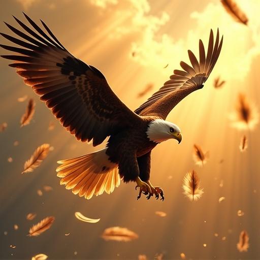 Eagle soaring through golden sky with wings extended. Sharp gaze fixed forward. Illuminated feathers with sunlight beams. Feathers scattered in the air. Bullet time effect shows feathers in intricate detail. Dust particles shimmer in slow motion. Camera sweeps upward, rotating around the eagle. Intense light creates a surreal atmosphere.