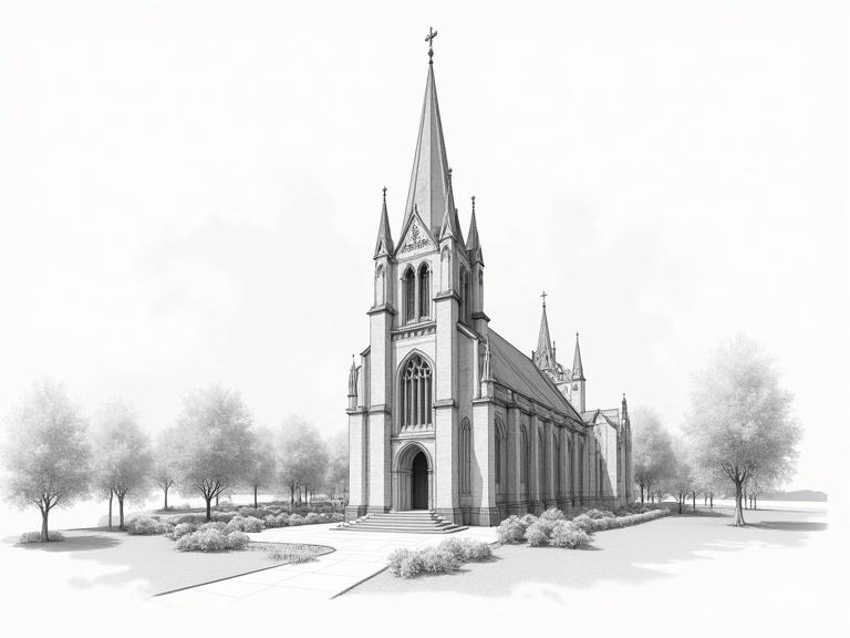 Architectural drawing of a tall cathedral showcasing intricate details. Features elevation and section views. Set in a landscaped area with trees.