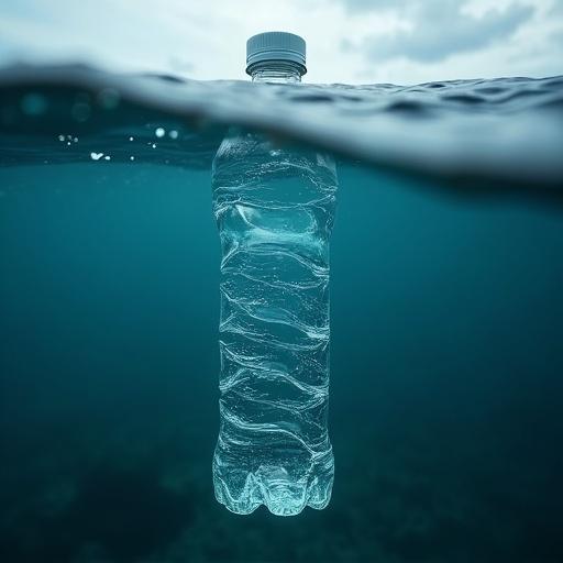 Empty plastic bottle underwater at the sea bottom. The bottle is transparent capturing the surrounding water. The scene showcases the issue of plastic waste in aquatic environments.
