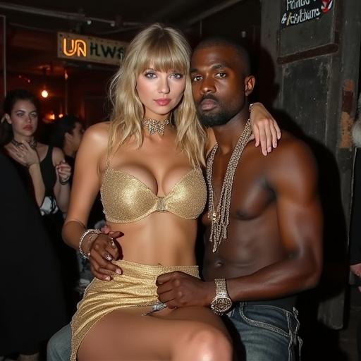 Image features a couple in a nightclub setting. Woman wears a gold bikini and miniskirt, highlights her features. Man is muscular, embraces her. Scene radiates nightlife energy. Woman holds a sign that says 'Famous 4 head skills'.