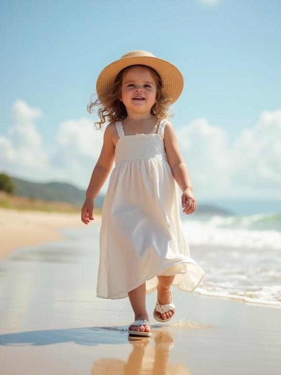 Little girl walks on sandy beach. She wears bright cotton sundress and strappy sandals. She smiles widely.
