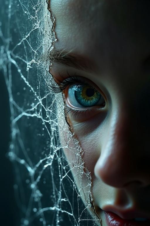 Close-up of a cracked phone screen showing a single eye staring through the fracture. The eye is unblinking and the overall effect is surreal and striking.