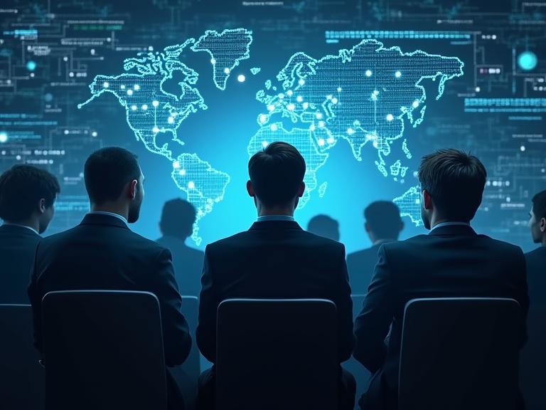 Group of people seated in formal attire facing a digital map. A projection of a world map is displayed, symbolizing global connectivity and technology. The atmosphere suggests a focus on risk management and digital security.