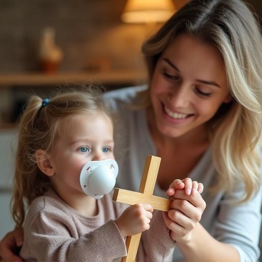 Mother and daughter share a joyful moment. The child uses a big pacifier while pretending to be on a cross. A toy hammer playfully taps on the child's hands. The environment is warm and welcoming. This scene showcases the innocence of childhood and creativity.