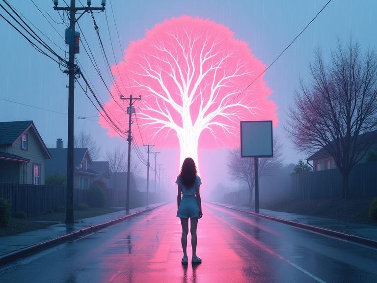 Selfie shot in a surreal landscape. A young woman stands on a rainy suburban street at dawn. Wet asphalt reflects the pale sky. Ordinary houses and electric poles line the road. A colossal glowing tree of light emerges from the horizon. Its branches extend into the sky. The tree radiates soft pastel tones with glitch-like energy streams. Scene stylized like a digital watercolor comic with high-contrast inking. A billboard mirrors the scene creating a recursive visual loop. The overall mood is surreal and calm.
