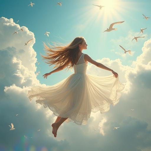 A lady with long hair is flying gracefully in the air. White clouds float around her. Birds are flying nearby. The wind blows beautifully, making her dress flow. The scene is magical with a rainbow visible.