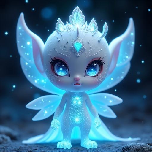 Design a fantasy cartoon-style monster toy. Create Glimmer Sprite from the Tribe of Light. Stand at 10 cm tall. Make a delicate, translucent body with sparkling patterns. Draw a mask with glowing blue eyes. Create wing-like light appendages. Add a comet tiara. Use high-contrast, glossy PVC style. Prioritize molded, toy-like features. Include a color palette of translucent white, light blue, and silver with glowing accents.