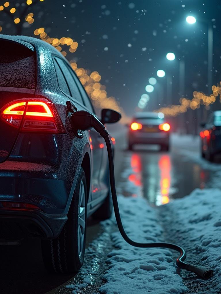 Electric vehicle plugged into a charging station during Christmas season. Snow covers the ground. Street lights create a festive atmosphere. Cars are visible in the background.