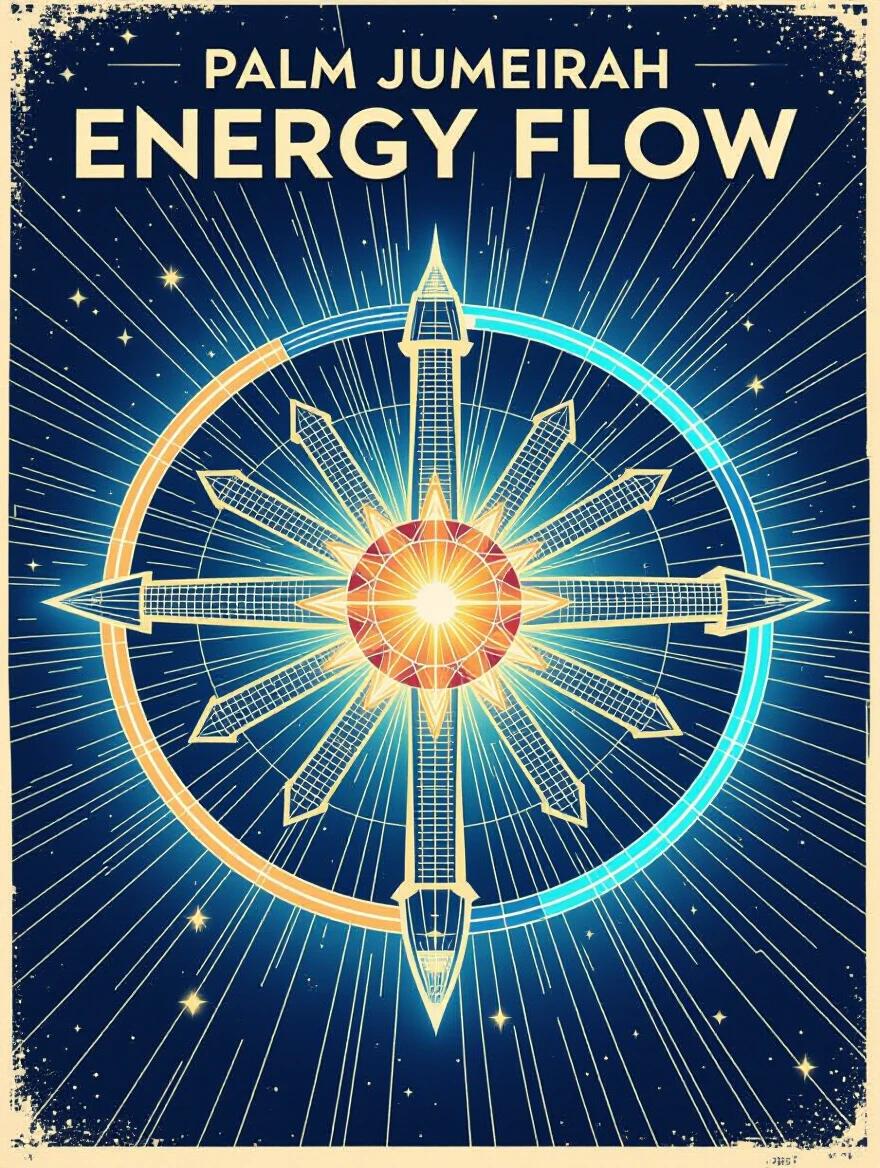 Poster design depicting Palm Jumeirah as a cosmic energy schematic. Abstract energy lines flow through its structures. Glowing intersection points represent key landmarks. Energy Flow Diagram Art style.