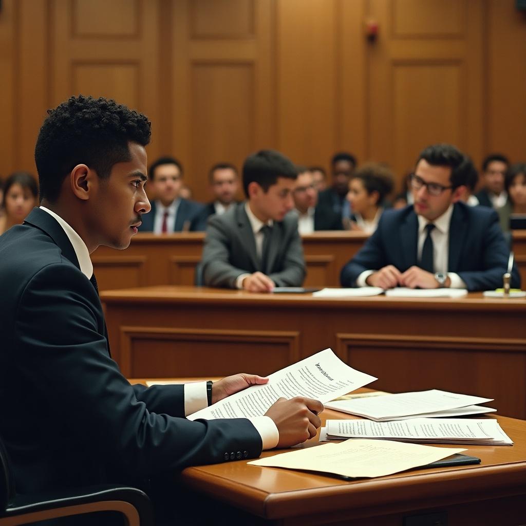 Image of a courtroom scene. Numerous individuals seated at a long table with legal documents. Serious atmosphere. Attention on discussions and paperwork. Focus on participants expressively engaged in legal matters.