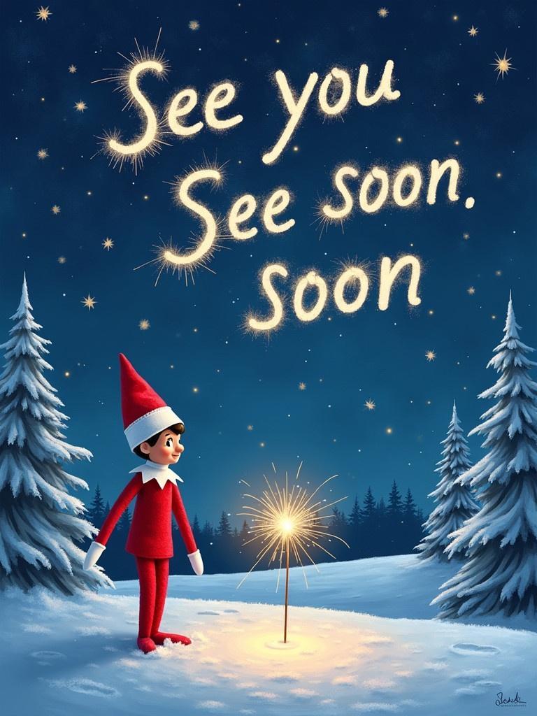 Image depicts an Elf on the Shelf standing in a snowy landscape at night. Bright text appears in the sky formed by sparklers. Elf is red dressed and surrounded by snow-covered trees.