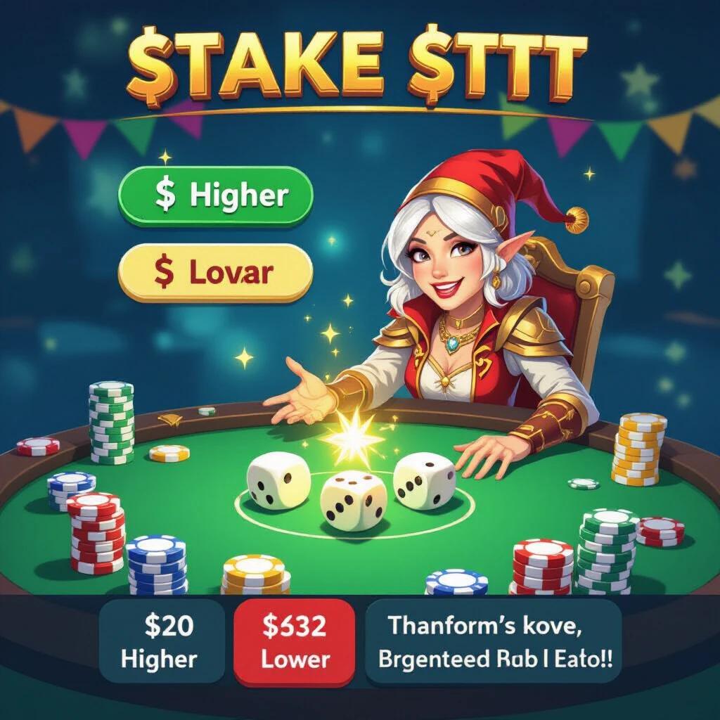 Cartoon illustration of a dice game. Include a gaming table with chips and dice. Display options for predicting dice results. Use vibrant colors for an engaging look.
