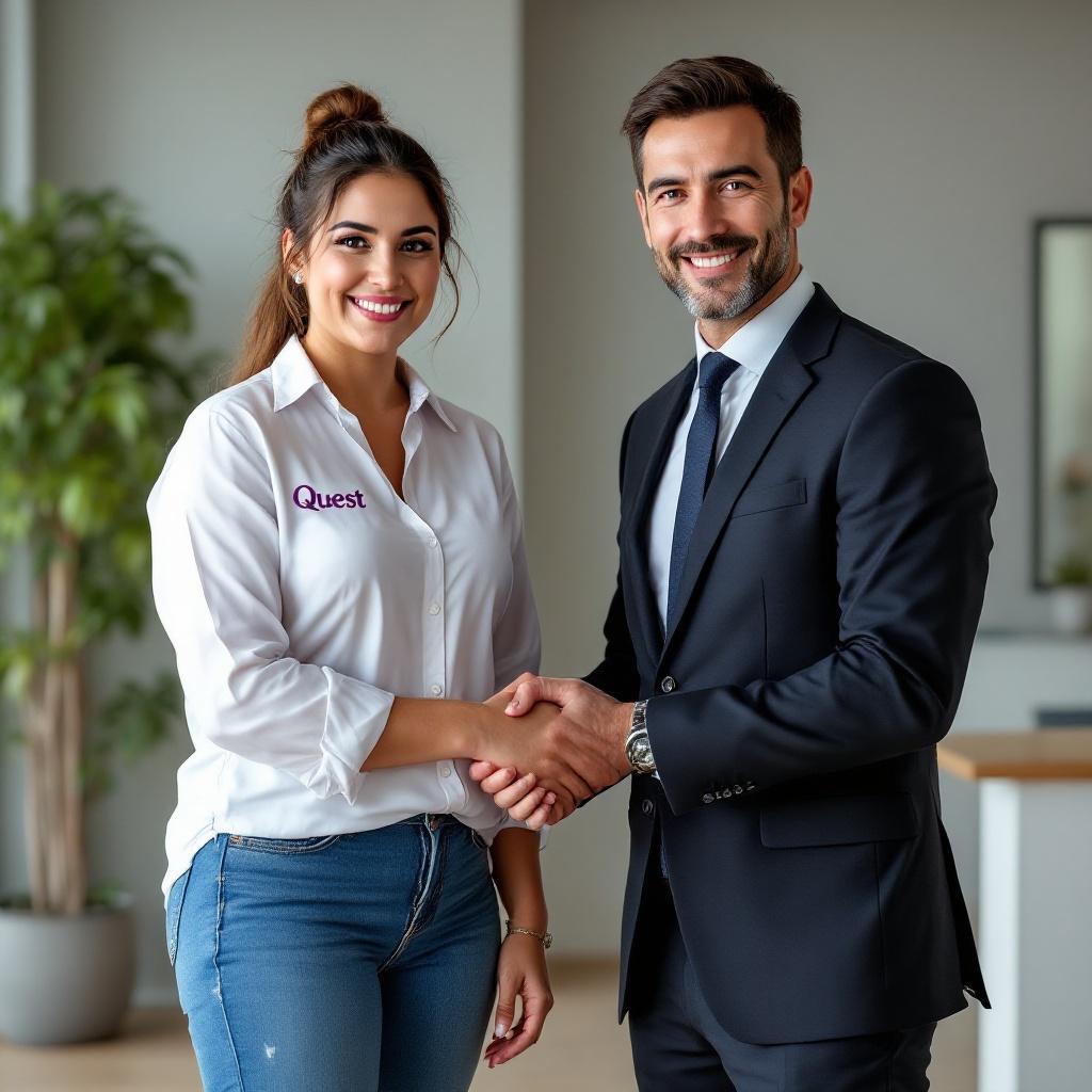 A warm Spanish daycare teacher stands confidently. She wears a crisp white shirt with the word Quest in elegant purple. She has comfortable blue jeans. Her expression is kind as she shakes hands with a company executive. The executive wears sleek business attire. The setting looks professional and welcoming.