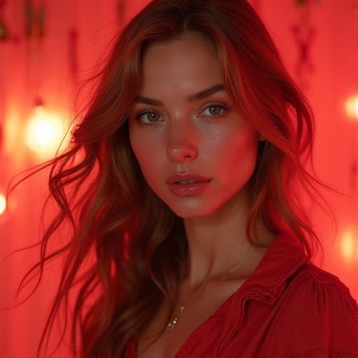 Elena poses confidently against a bold red background. Her curves accented by a sheer pink lingerie set. Soft fabric contrasts with her toned figure. The composition highlights her elegance and appeal in a vibrant and sensual manner.