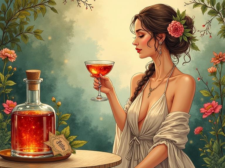 A vibrant ink and watercolor illustration of a bohemian woman toasting with a cocktail in a speakeasy. The woman has a shining hourglass figure and braided hair with a flower. She wears a semi-transparent blouse and wrap-skirt. The background features wildflowers and herbs. In the foreground, there's an apothecary bottle of reddish liqueur with a tag 'ALFRUNO'. The artistic style is whimsical with earthy colors and textured brushstrokes. The mood is serene and elegant.