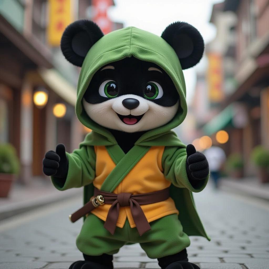 A ninja mascot styled like a combination of kiwi and Disney with a vibrant costume. The character is standing on a cobblestone street in a cheerful pose. The atmosphere is playful and engaging.