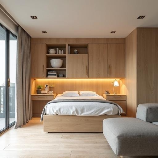 a room designed with modular furniture. It features multifunctional spaces. A foldable desk is present. The room includes storage cubes and a mobile kitchen island. There is a wall bed and modular cabinets. The lighting is white and task-oriented. The overall design is minimalist. The furniture is optimized for space. Photographed using Kodak Pixpro AZ252 camera.