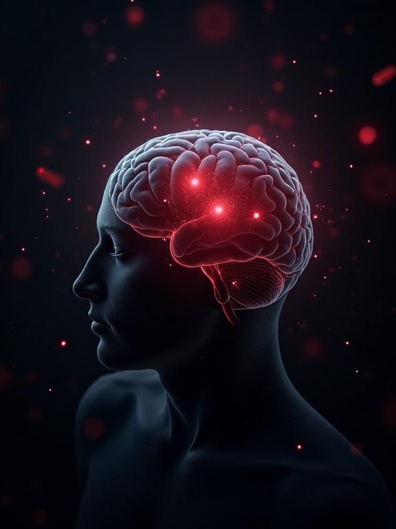 A minimalist and metaphorical representation of a human brain with ribosomes and proteins around it. Bright red highlights indicate areas of activity in a dark space, emphasizing biological processes.