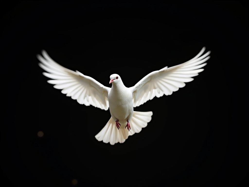 A free flying white dove is gracefully soaring in the air. The dove's wings are fully spread out, showcasing its breathtaking feathers. It has a pure white body and soft, delicate features. The background is completely black, making the dove stand out beautifully. This image captures a sense of freedom and elegance.