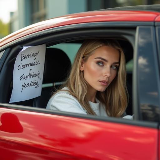 Woman with straight blonde hair in a red sports car. She is holding a paper outside of the rear window. The scene conveys motion and speed.