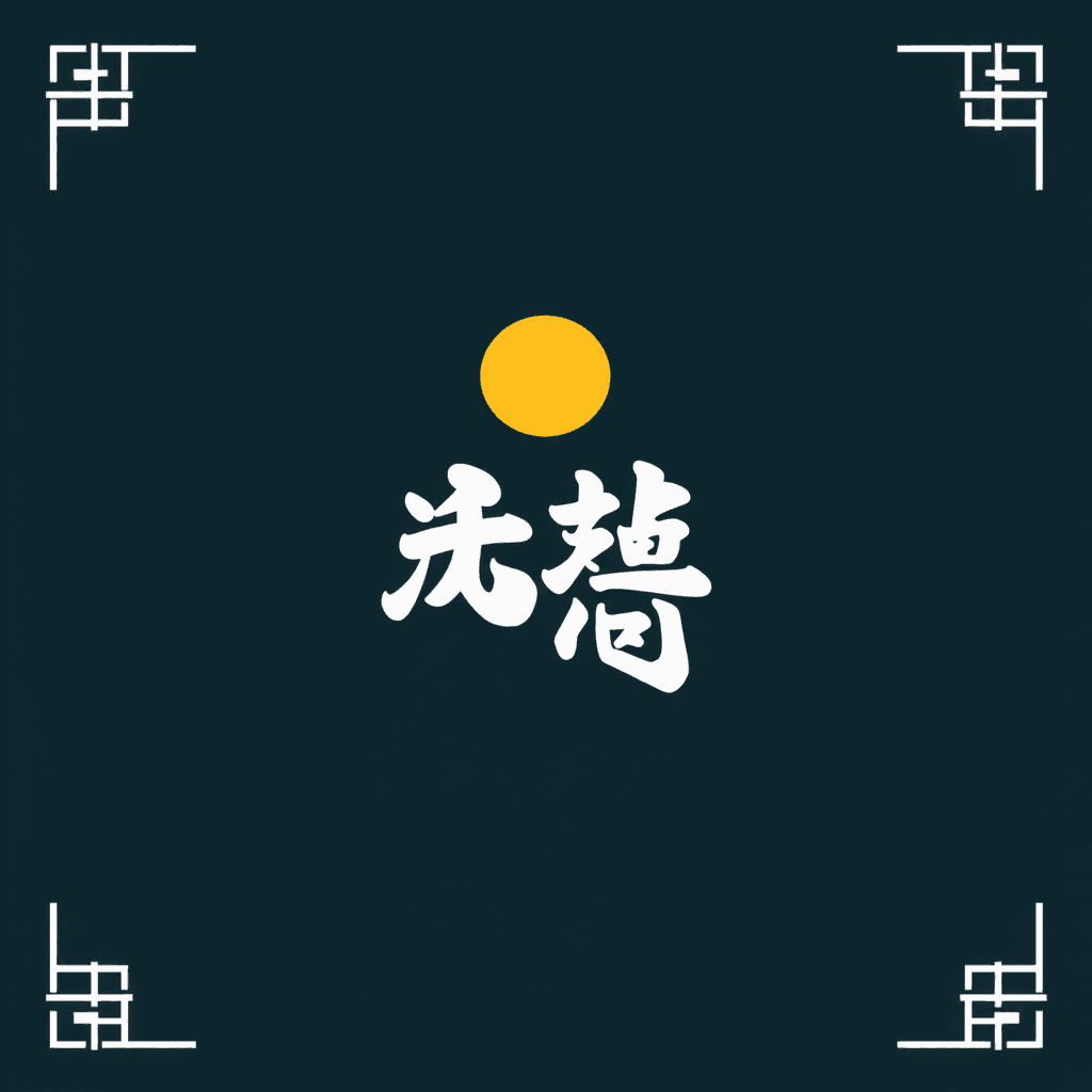 The image features Asian calligraphy with a yellow circle above, set against a dark background, and decorated with corner motifs.