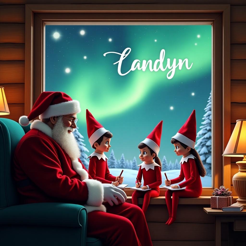 In a cozy cabin, Santa Claus sits with two playful elves by a large window. They are engaged in writing notes together, filled with excitement for the upcoming holiday season. Outside, the beautiful northern lights illuminate the night sky, creating a magical backdrop. The warm glow from the cabin creates an inviting atmosphere, highlighting the spirit of giving. The name 'Landyn' is elegantly scripted in the sky, adding a personal touch to this festive scene.