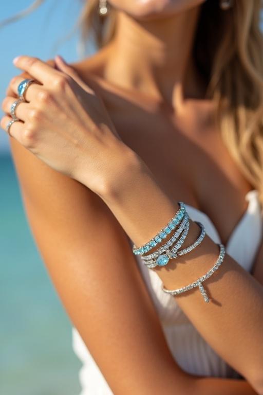 Close-up shot of a woman's wrist with aquamarine bracelets. Elegant designs featuring ocean-blue gemstones. Focus on shimmering textures and fine metalwork. Natural light enhances sparkle and color. Skin tone is sun-kissed, minimal styling. Background is softly blurred in pastel tones. No face or full body shown.