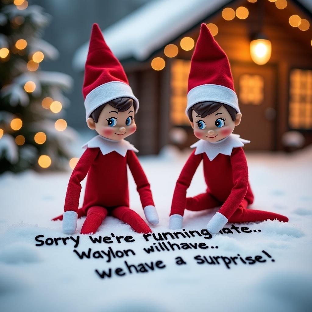 This image features two Elf on the Shelf dolls in a winter setting. The elves are in red outfits writing a message in the snow. A cozy cabin with lights is in the background. The snow adds charm to the scene.