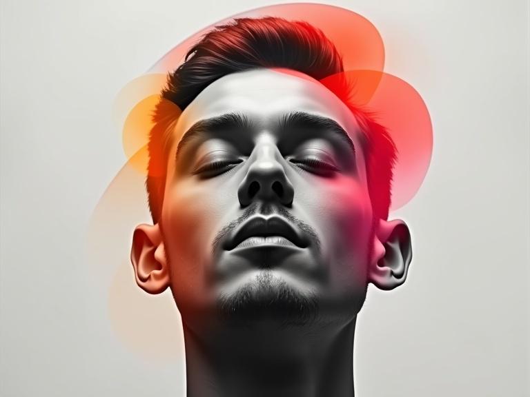 Poster of a man's face sliced into floating layers. Surreal and dramatic style with smooth curved cuts creating a 3D illusion. Bold abstract gradients of orange red and pink add energy and contrast. Realistic black and white contrasts with vibrant inner shapes. Clean grey background enhances focus on subject. Modern minimal layout with sharp detail. Imaginative blend of realism and abstraction.